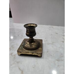 Vintage Brass Candle Holder Round with Square Base Aged Patina England